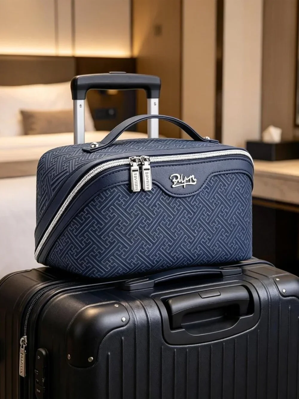 Navy Textured Travel Cosmetic Bag Set with Two Matching Pouches